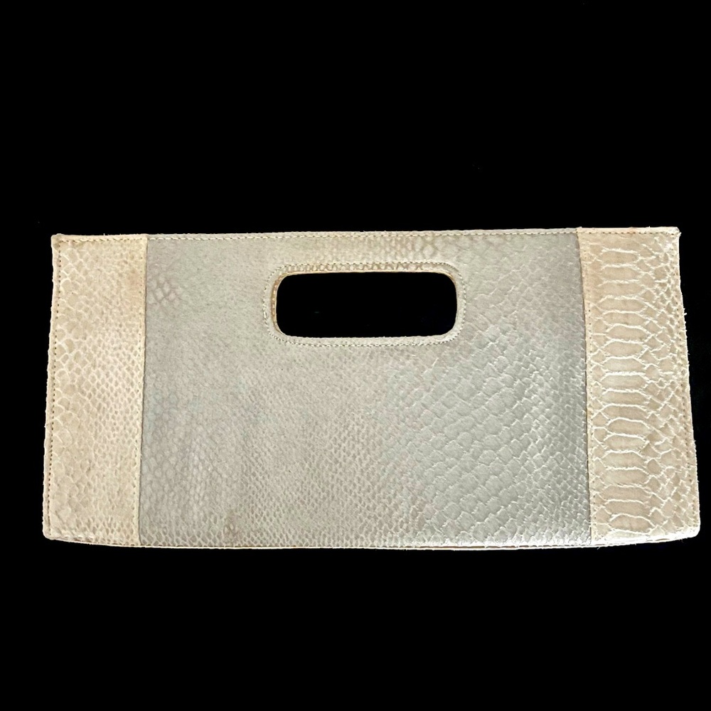 Giannini cream and grey faux leather python print clutch
